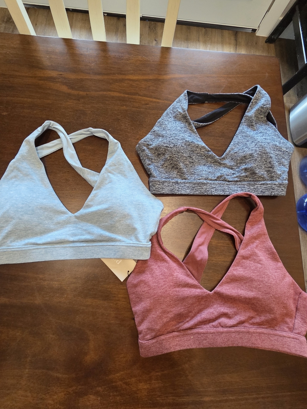 P'tula Trio Sports Bra Set in Light Blue, Heather Gray, and Dusty Rose